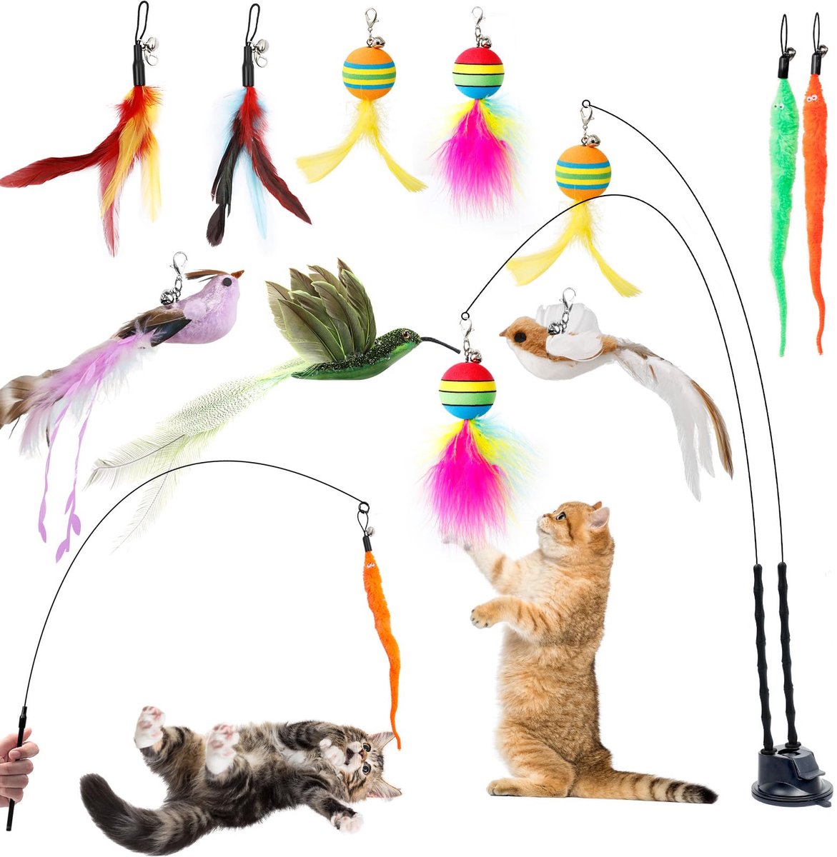 Kattenspeelgoed, 12 stuks, interactief kattenspeelgoed met zuignap, 2 hengels, interactief speelgoed voor katten, vogels, veer, rups, kattenspeelgoed, intelligentie speelgoed voor katten