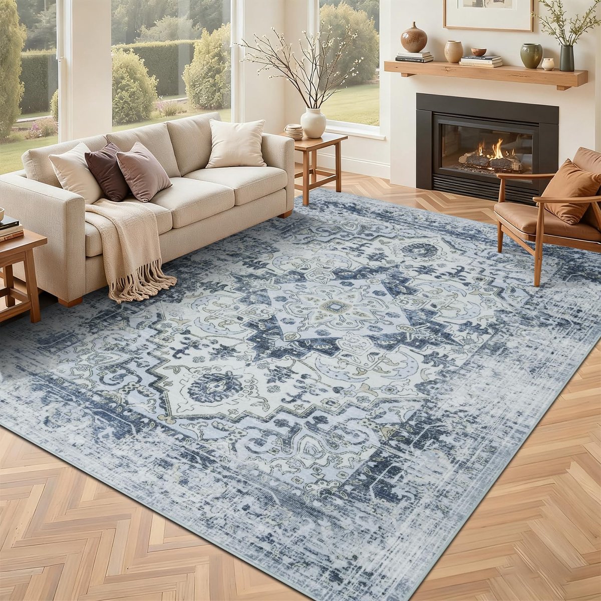 Wasbaar tapijt, woonkamer, 160 x 230 cm, laagpolig, slaapkamer, blauw, vintage tapijt, zacht, groot, antislip, boho-tapijten voor kinderkamer, eetkamer, kantoor