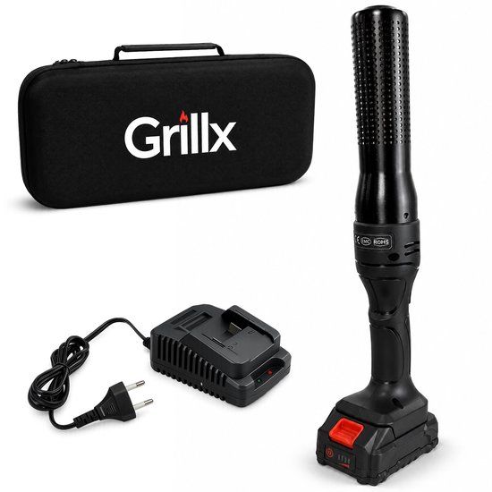 Zwarte Grillx houtskool aansteker met oplader, accu en draagtas met Grillx logo.
