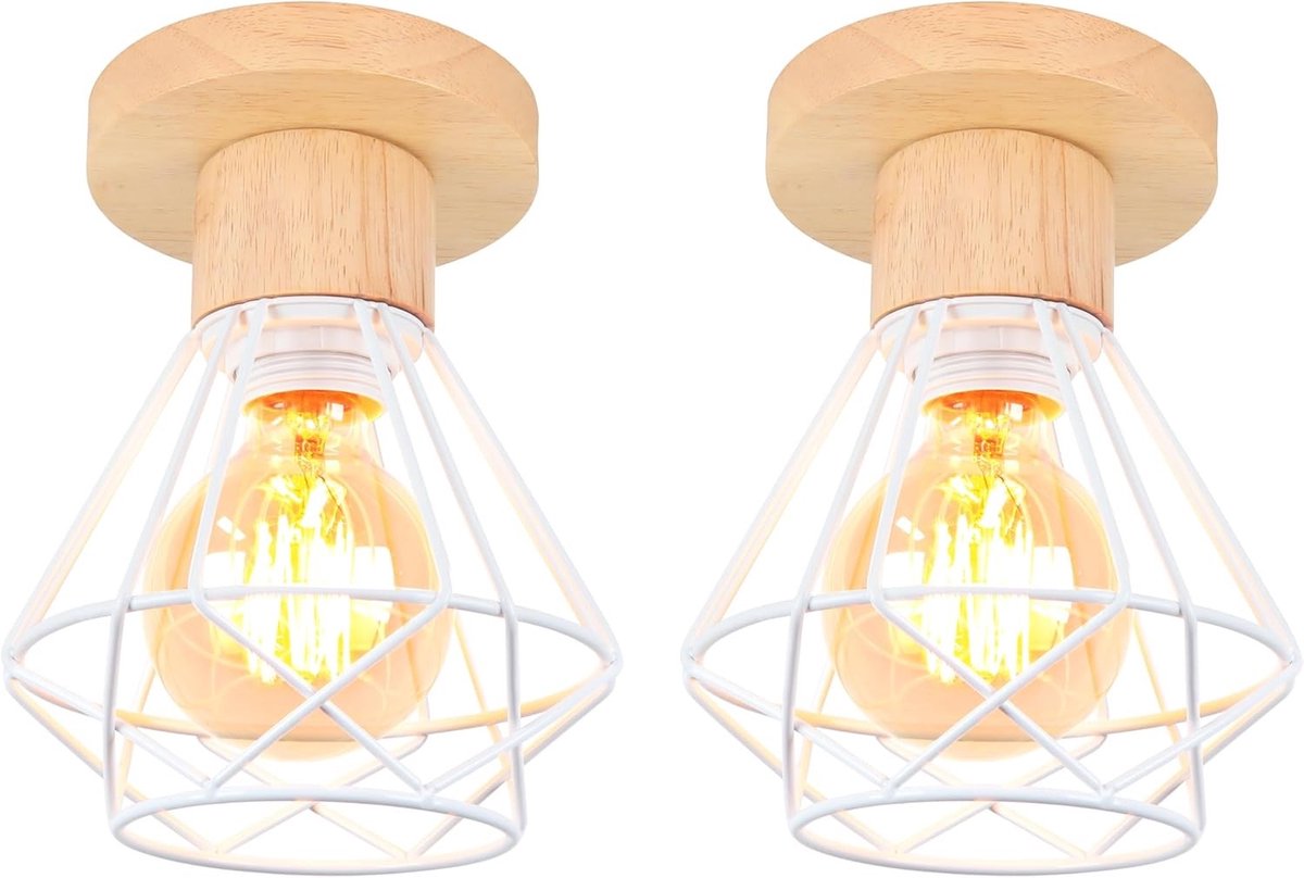 Vintage Plafondlamp 16 cm Hout en Metaal Kooi Ontwerp Creatieve Witte Lampenkap E27 voor Gang, Slaapkamer en Woonkamer, Set van 2