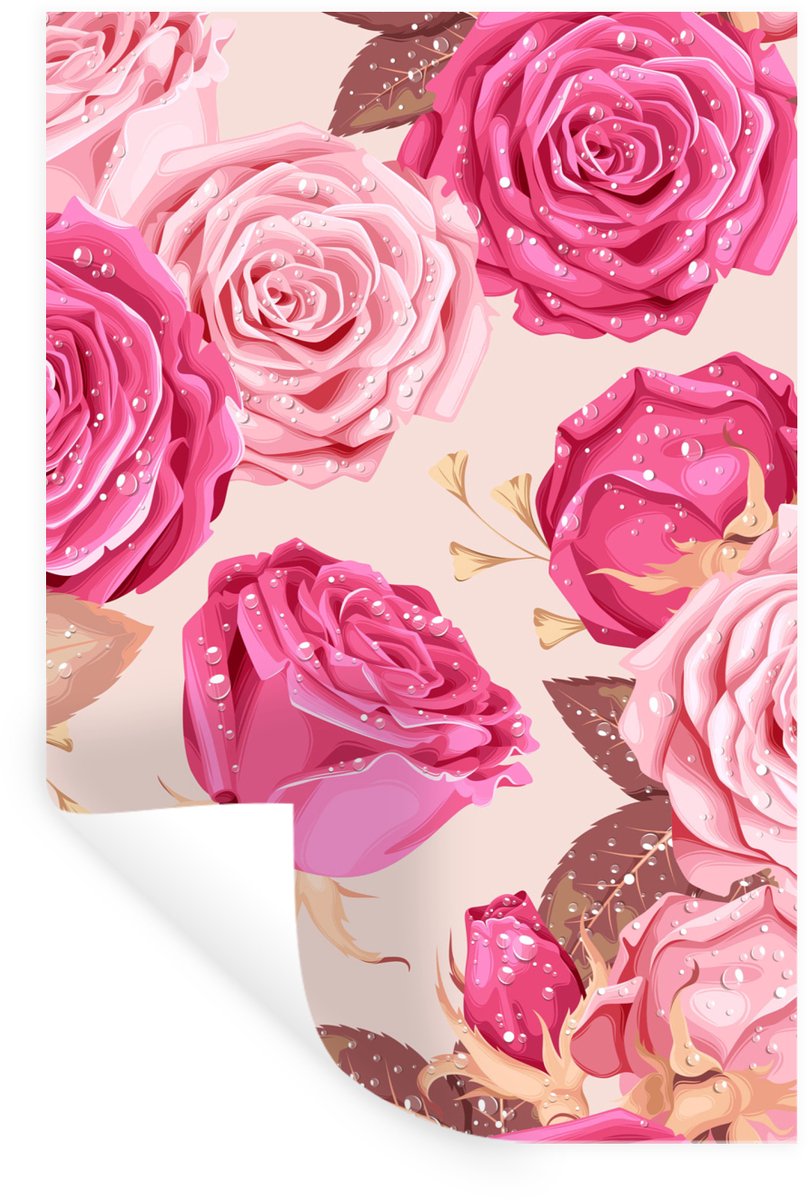 Muurstickers - Sticker Folie - Rozen - Bladeren - Roze - Druppels - 20x30 cm - Plakfolie -