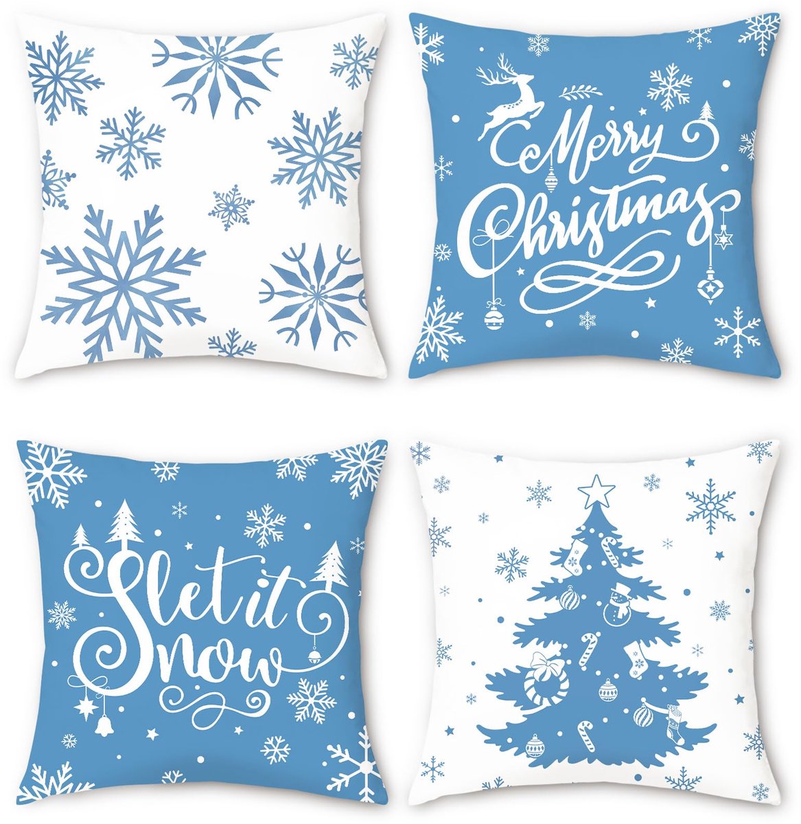 Blauwe kerstkussenslopen 45 x 45 cm, kerstboom, sneeuwvlokken, winter, decoratieve kussenslopen, fluwelen kussenslopen voor slaapbank, thuis, vakantie, decoratie, set van 4
