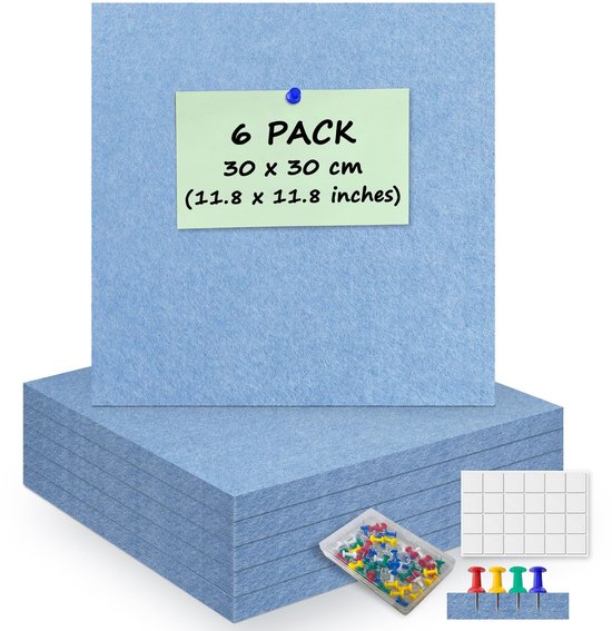 6 stuks vilten prikbord wandtegels met 60 pinnen, 30 x 30 cm kurk notitiebord met zelfklevende verwijderbare tapes, vilten bulletin vierkanten muurdecoratie doe-het-zelf voor thuis, slaapkamer