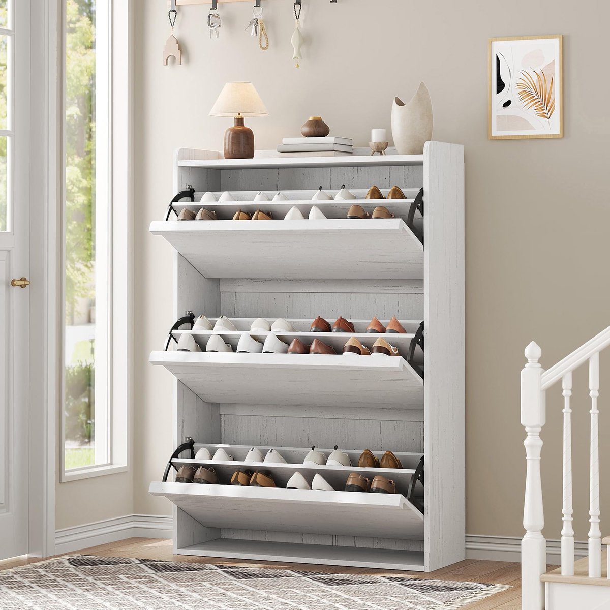 Hoge Schoenenkast 3 Kleppen Voor 18-24 Paar Schoenen - 80x26x117cm - Schoenenrek Smal - Schoenenmeubel Hout - Verstelbare Planken - Minimalistisch - Ruimtebesparend - Voor Hal Woonkamer - Wit