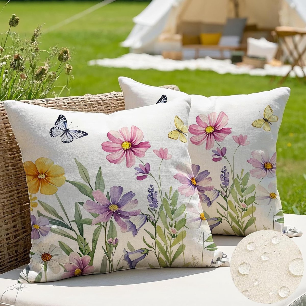 Set van 2 outdoor kussens, 40 x 40 cm, kussensloop, weerbestendig, moderne kleur, bloemen, sierkussen, zomer, roze, kussenslopen voor tuin, bank, woonkamer, slaapkamer, dubbelzijdig patroon