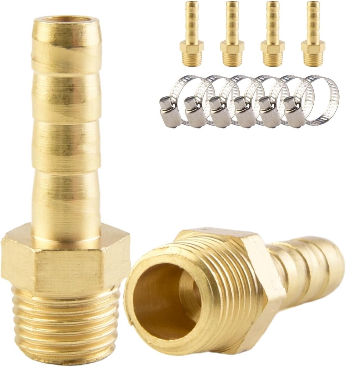 messing slangkoppelingen, 6 x 6 mm aansluitingen × 1/8" buitendraadpijpverbindingen, compleet met 6 slangklemmen, geschikt voor het aansluiten van gas, water en brandstof