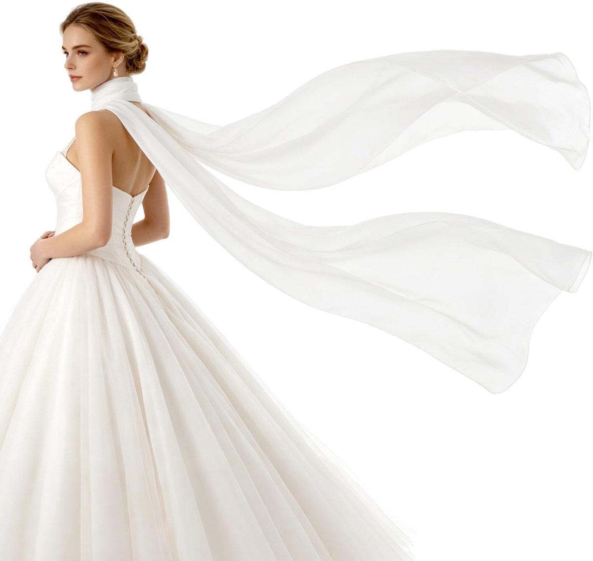 Bruidsnekdoek, 300 cm Lang Trouwsjaal voor de Bruid Witte Chiffon en Polyester Minimalistische Tule Omslagdoek voor Ceremonie Receptie Elopement Bruidsportretaccessoire