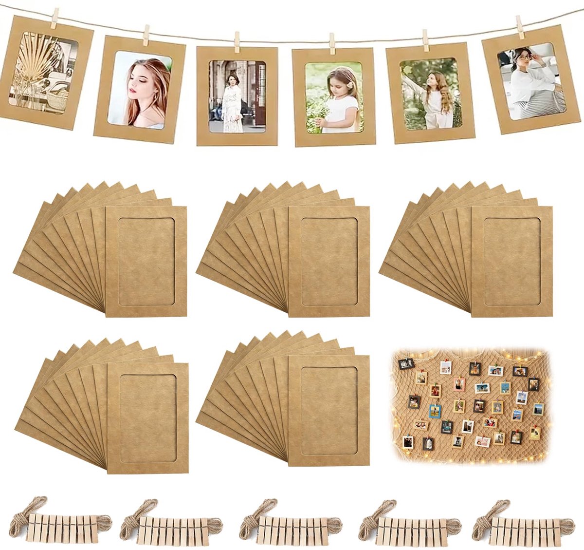 Fotolijstjes 12,7x23,5 cm bruin fotolint met 50 houten klemmen en 5 rollen henneptouw fototassen om op te hangen Geschikt voor verjaardagen, huwelijken en