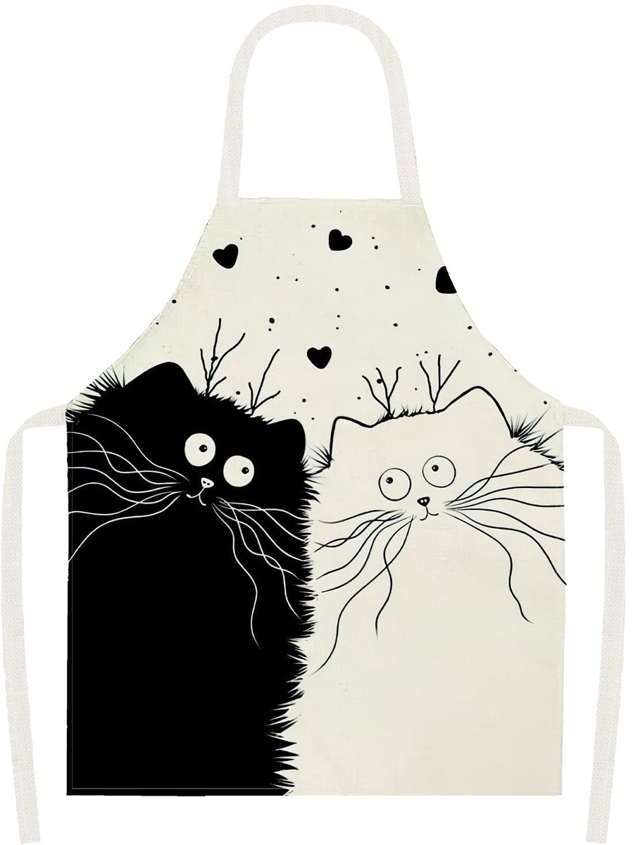 Schort Cartoon zwart wit kattenpatroon schorten verstelbaar cartoon schort linnen waterdicht keukenschort voor dames en heren slabschort voor thuis, restaurant, wit