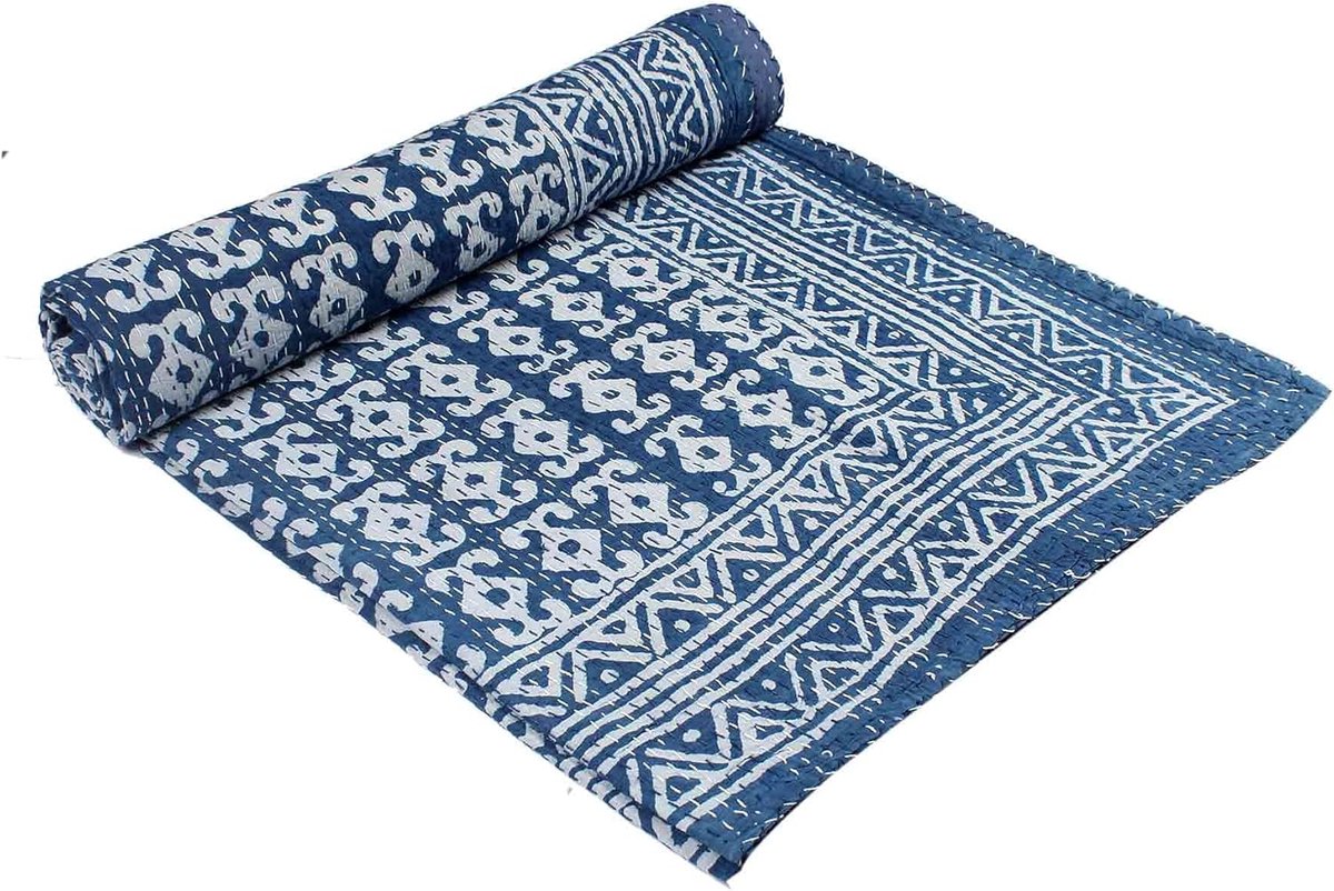 Kantha Katoen Indigo Kleur Gedrukt Ontwerp Gooi Beddengoed Bedsprei Bohemian Gudari Bedcover Interieur Interieur Deken Quilt