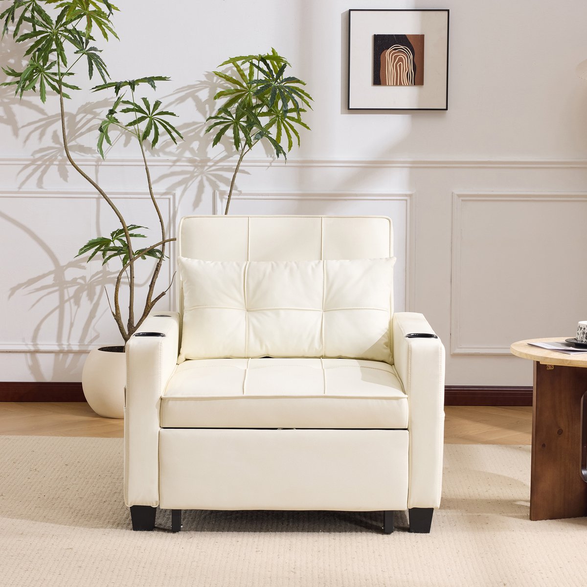 DESMIU Fauteuil 74 Cm - 3-in-1 Uitschuifbare Slaapfauteuil Met Bekerhouders En USB-Aansluiting - Voor Kleine Ruimtes - Kunstleer - Wit