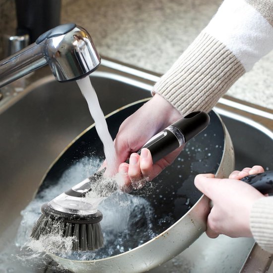 afwasborstel, 3 stuks afwasborstel met afwasmiddeldispenser, keukenborstel voor pot, pan, spoelreiniging, multifunctionele serviesborstel met 3 opzetborstels, afwasborstels met steel — afbeelding 2