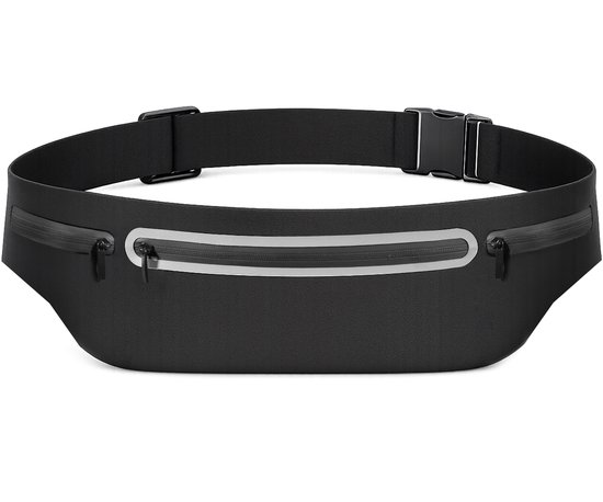 Ceinture de course noire avec passepoil réfléchissant, deux poches zippées et sangle réglable avec boucle.