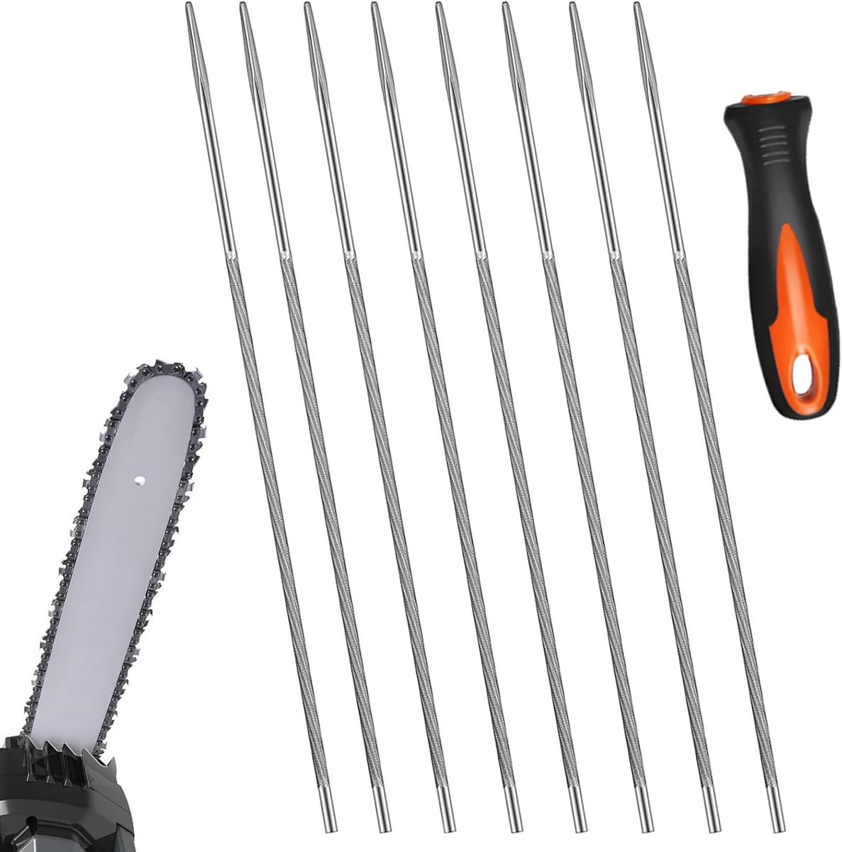 8 stuks vijl voor kettingzaag, 4 mm, kettingzaagvijl, zaagkettingen, ronde vijl met plastic handvat, hard staal, ronde vijl voor reparaties en slijpen, 3/8 inch kettingzagen, grasmaaier