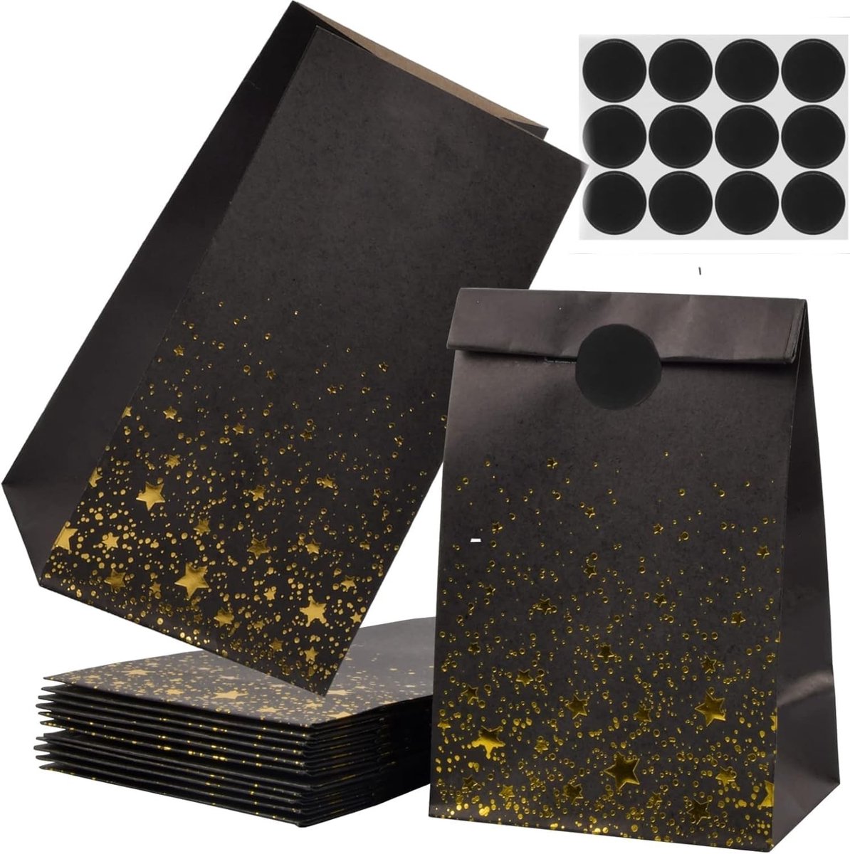 Dailygoods - Dokeno 12 zakjes van kraftpapier voor snoep, cadeauzakjes met stickers, geschenkverpakkingen, voor kinderverjaardag, bruiloft, feest (zwart)