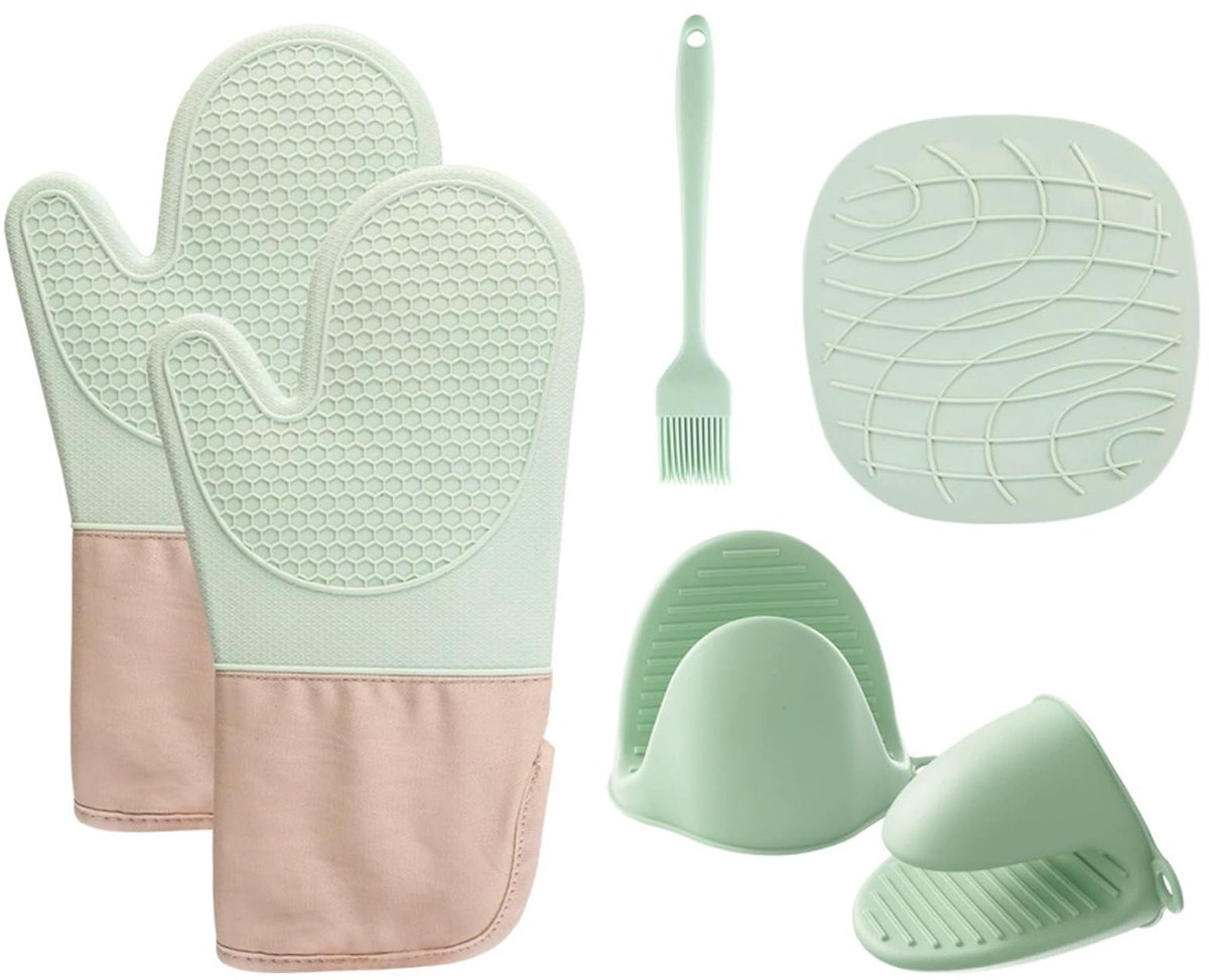 Siliconen pannenlap handschoen, keukenaccessoires, ovenhandschoenen met onderzetter, pan & kleefhaak en borstel voor keuken, grill, oven, magnetron (mintgroen)