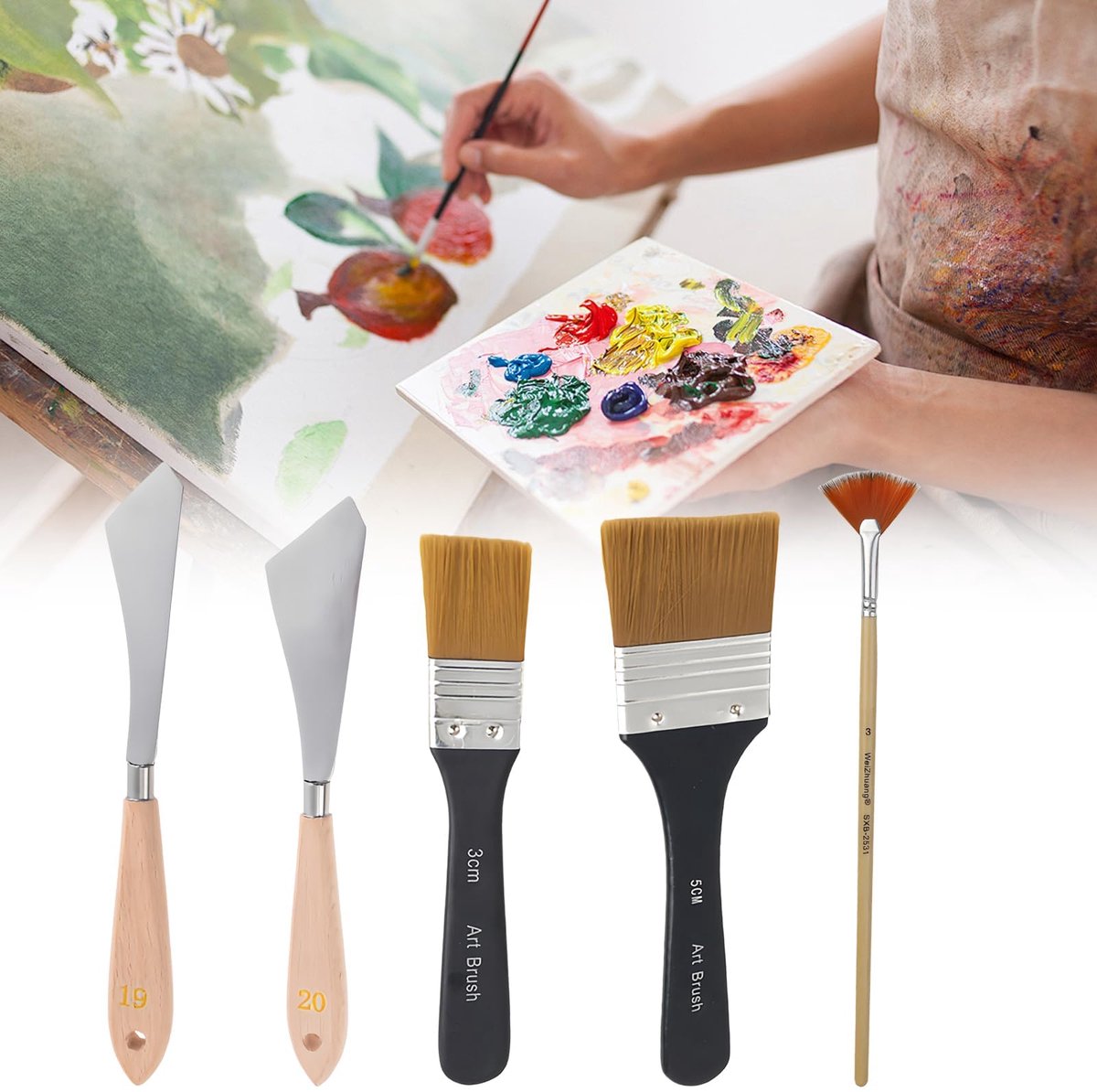 5-delige set platte verfkwasten, waaierkwast, 2 roestvrijstalen paletmessen, acrylverfkwasten voor landschappen op canvas van 5,2 cm en 2,7 cm, acrylverfkwast met platte punt
