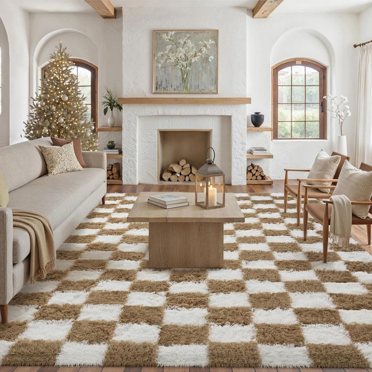 Hoogpolig Geruit Tapijt Woonkamer Shaggy Vloerkleed 200x300cm Bruin Wit Antislip Modern Pluizig Zacht Vloerkleden Kinderkamer Decoratie Slaapkamer Keuken Lounge Shag Tapijts