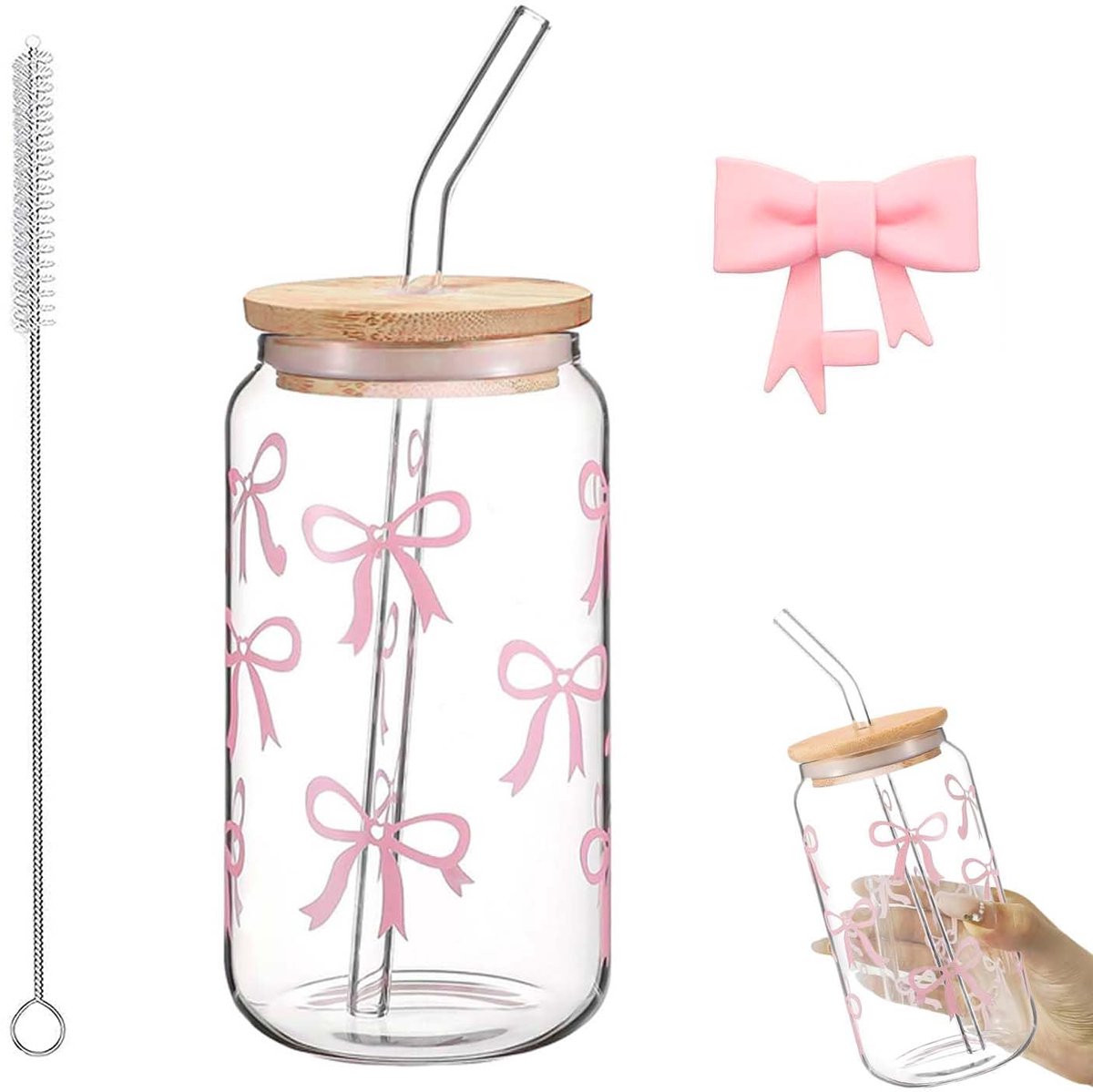 glazen beker, 500ml glazen beker roze Bow met deksel en rietje, strik glazen beker, veelzijdig drinkglas, Bubble Tea beker, met reinigingsborstel, herbruikbaar, voor drankjes