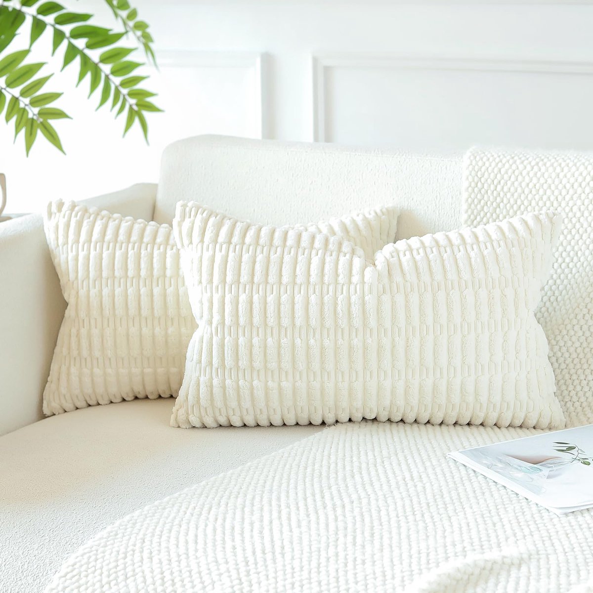 Set van 2 corduroy zachte gestreepte kussenslopen 30 x 50 cm boho decoratieve kussenhoezen lendenkussenhoes bank woondecoratie kussenslopen voor bank slaapkamer 12x20 inch (crèmewit)