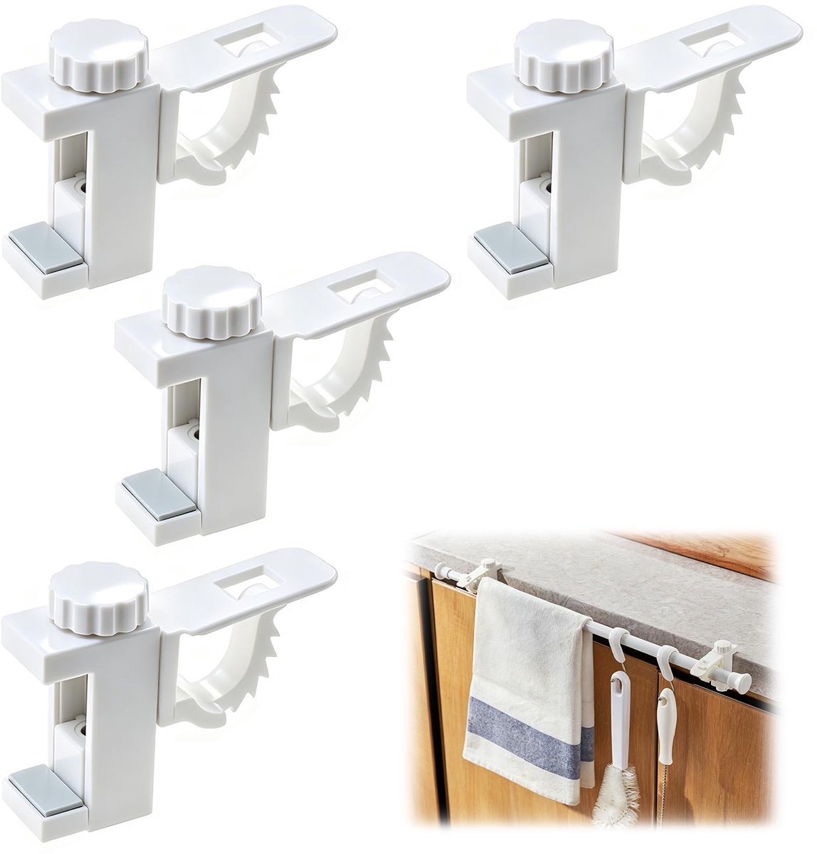 4 stuks gordijnklemhouders, klemhouder, gordijnhouder, verstelbare dwarsstang, gordijnstang, handdoekopslag, haak voor organizer, 360° draaibaar.