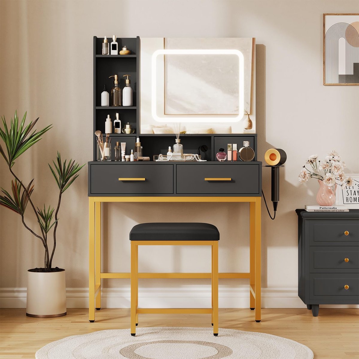 Triumpunpre - Kaptafel - Make Up Tafel Inclusief Krukje - Met grote spiegel en LED-Lampen 3 dimbare lichtkleuren - 4 laden stopcontact + USB - Voor Slaapkamer Kleedkamer Zwart