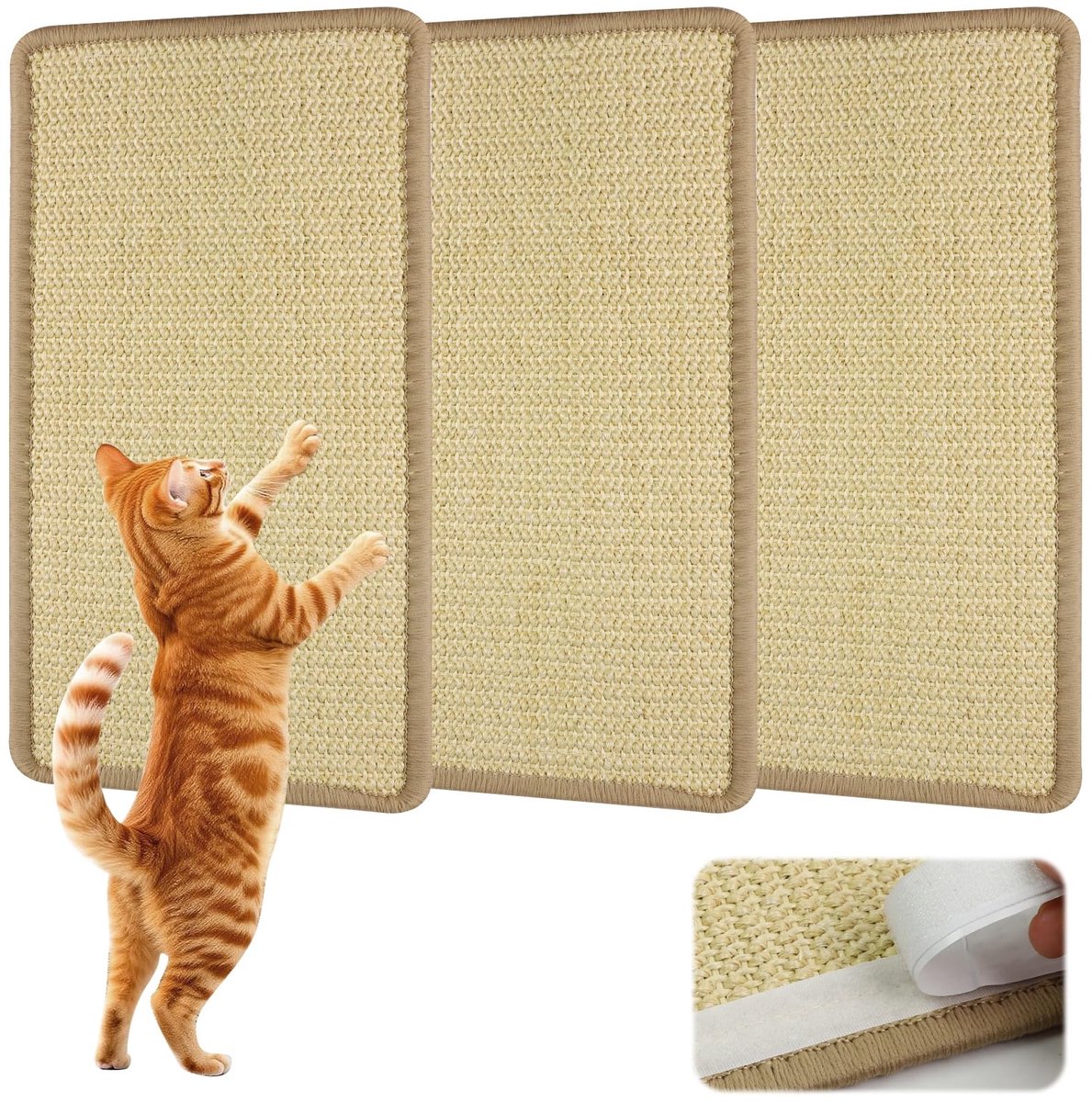 Krabplanken, 3 stuks, sisal, krabmat, kattenwand, 40 x 20 cm, duurzaam, zelfklevend, sisalmat voor katten, beschermt meubels, banken en tapijten (beige)