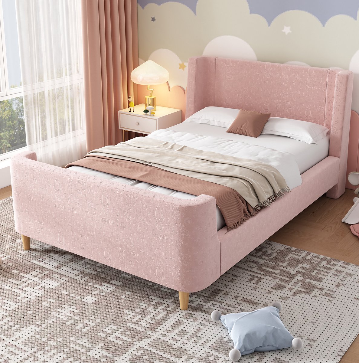 FloraGrace Kinderbed 90x200 cm - Eenpersoonsbed Met Kosmisch Patroon - Met Lattenbodem - Zonder Matras - Voor Kinderkamer - Fluweel - Roze
