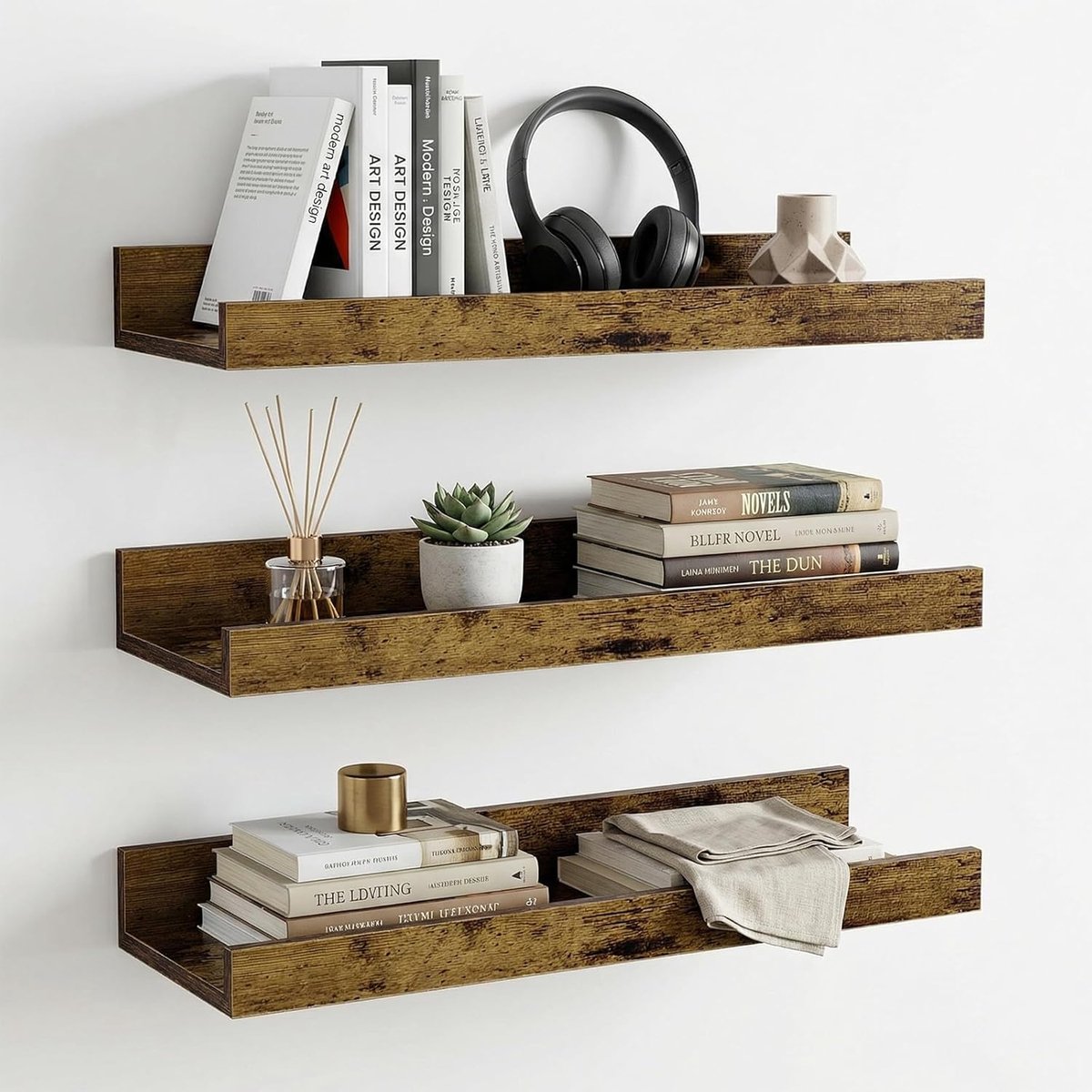 3-delig, vintage, bruin, 40 cm, 3 stuks zwevende planken in houtlook voor foto's, boeken en specerijen, voor woonkamer, keuken, slaapkamer