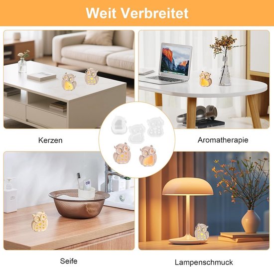 prota Siliconen gietvormen, uil, 4 stuks gietvormen, siliconen, 3D, uilen, kaarsvorm, siliconen met basis, siliconen vorm, lichten uil voor kaarsen, aromatherapie, handgemaakte zeep — afbeelding 4