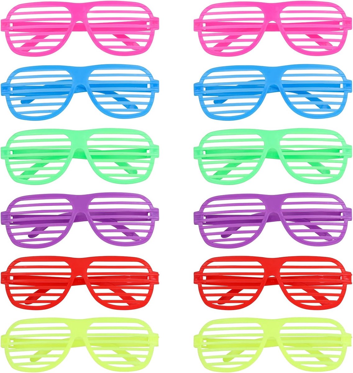 Neon Party Avondbril: 12 Paar Mode Plastic Sluiter Shades, Jaar 80, Disco, Neon - Leuke Feestdecoratie Benodigdheden