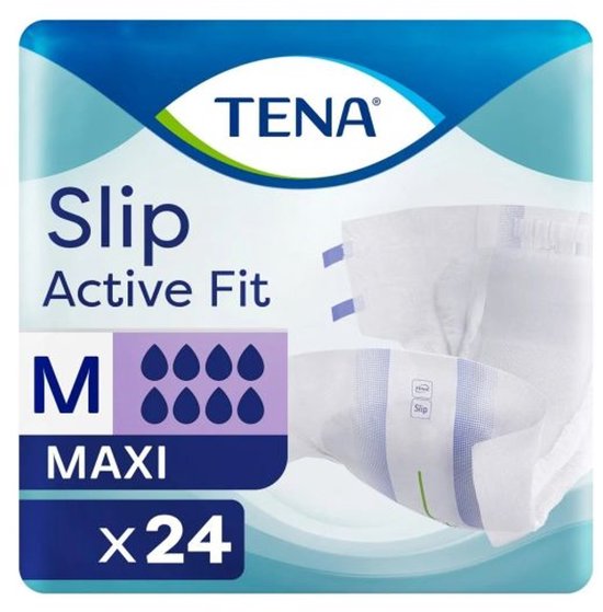 TENA Slip Active Fit Maxi maat M, 24 stuks. Met blauwe en groene accenten.