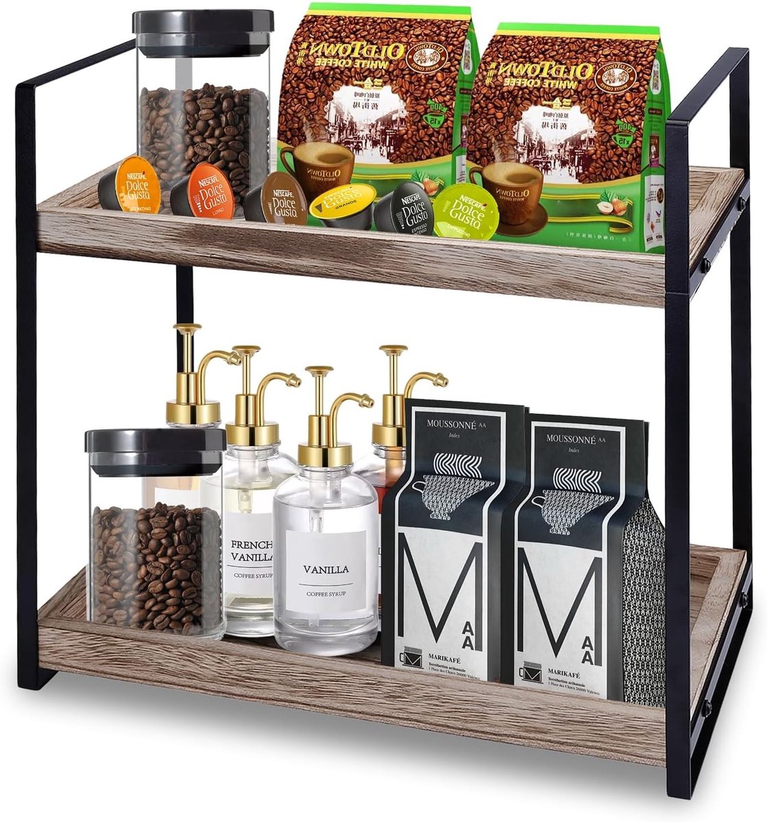 Koffiestation Organizer van Hout, 2-laags Keukenplank voor Koffie en Chocolade, Ideaal voor Keukenaccessoires, Kantoor en Catering