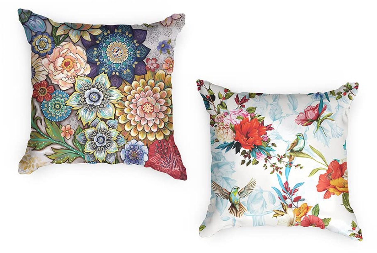 Kussenhoes - bloemen natuur kunst vogels - set van 2 motieven outdoor kussens - waterdicht - 2 tuinkussens voor buiten zonder vulling - 45 x 45 cm - kussensloop voor de tuin - geel blauw
