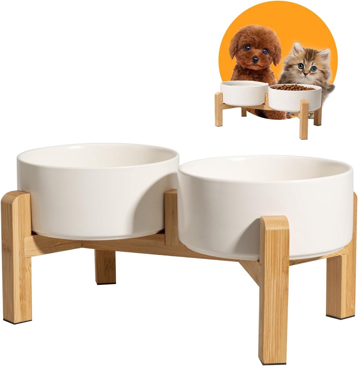Dubbele Voederbak voor Honden en Katten, Keramisch met Antislip Bamboe Houder voor Voer en Water, Klein, 2 x 480 ml, Dierenaccessoires, Eetbakken, Duurzaam Design