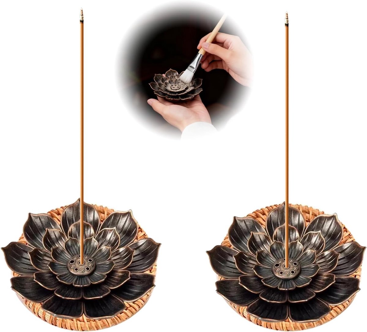 Wierookstokjeshouder met 6 gaten voor meditatie en yoga, inclusief rotan onderzetter en borstel, perfect voor woonkamerdecoratie en ontspanning