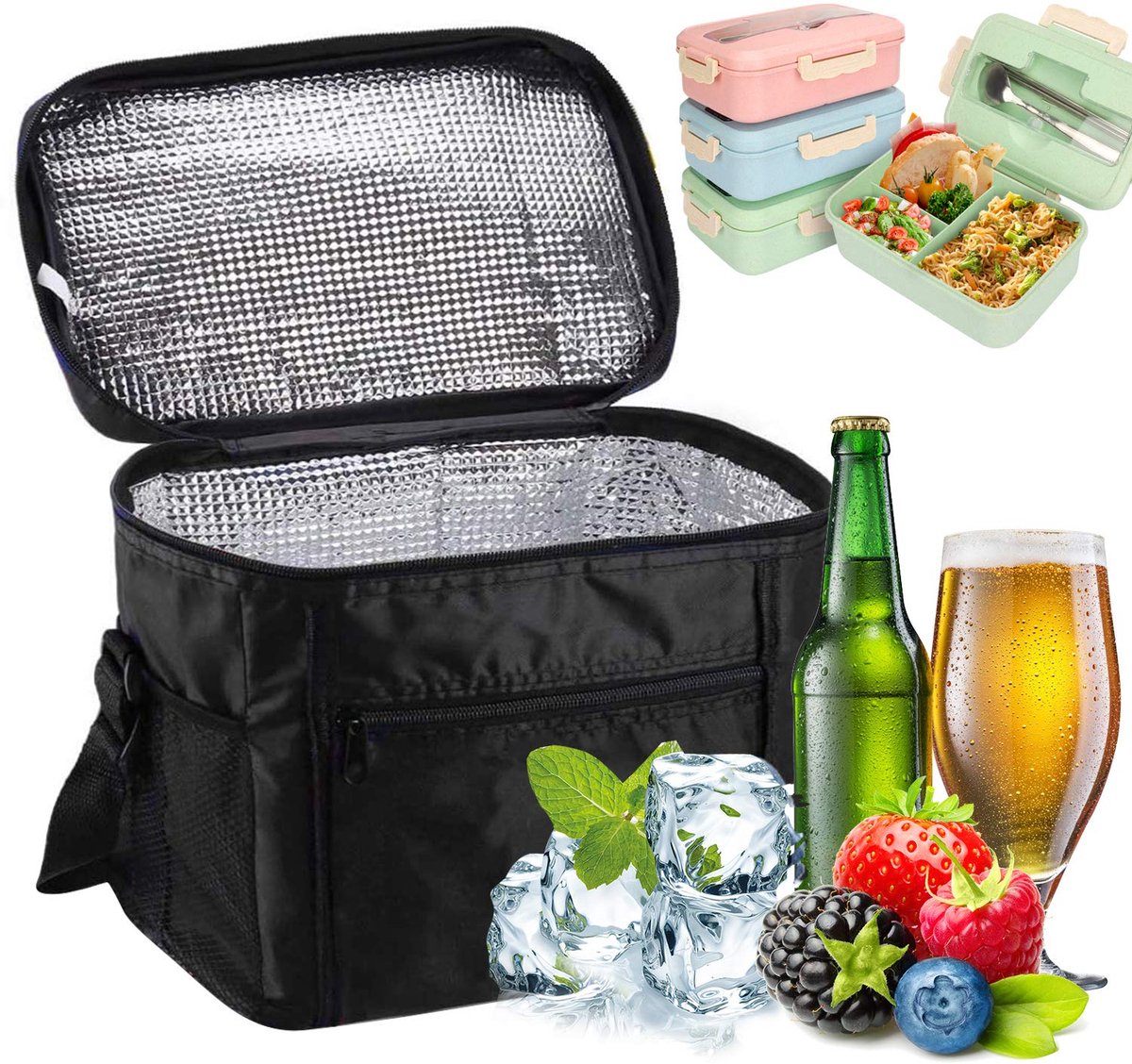 Koeltas, Lunchtas 10L Draagbaar, Koelzak Zachtzijdige Koelzak voor Picknic/Camping/BBQ/Winkelen Familie Buitenactiviteiten, Zwart