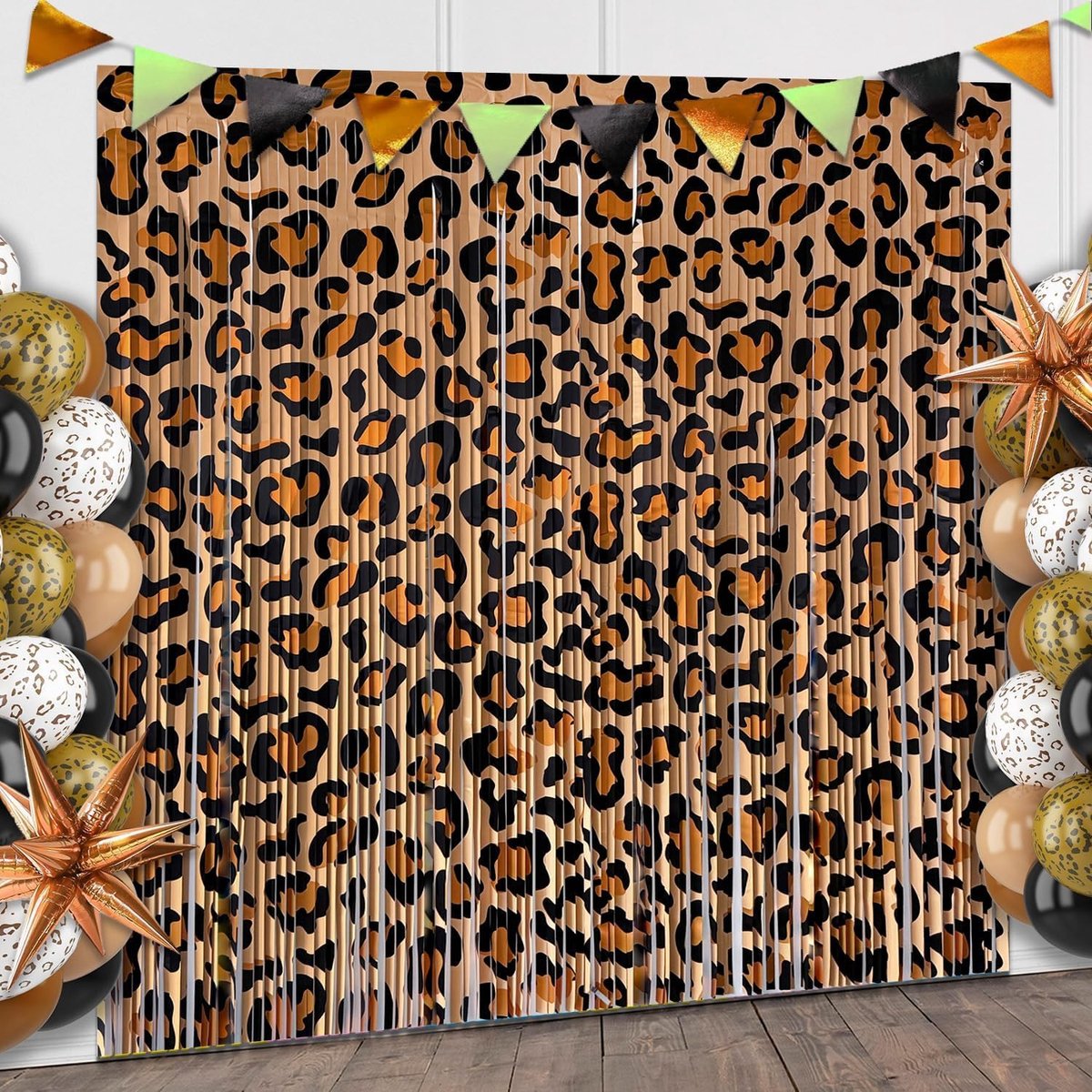 feestgordijnen, luipaardpatroon, 2 stuks, 200 x 100 cm, metallic gordijnen, verjaardagsgordijnen, franjes, feest, verjaardag, themafeesten, fotoafdekkingen