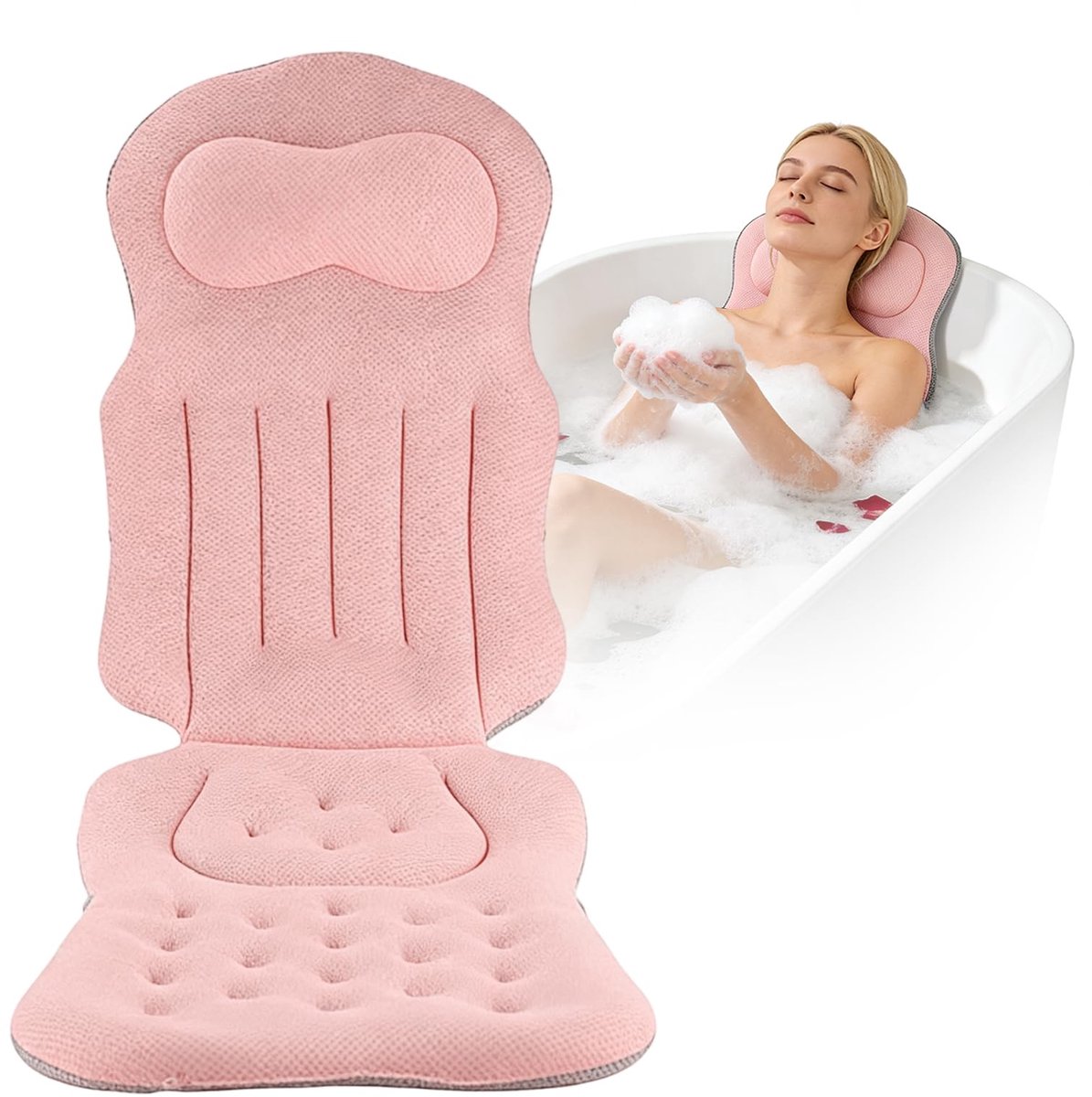 Badkussen voor het hele lichaam, de verdikte badmat met hoofdsteun ondersteunt nek, rug en benen, met zuignappen en ophanghaken (roze)