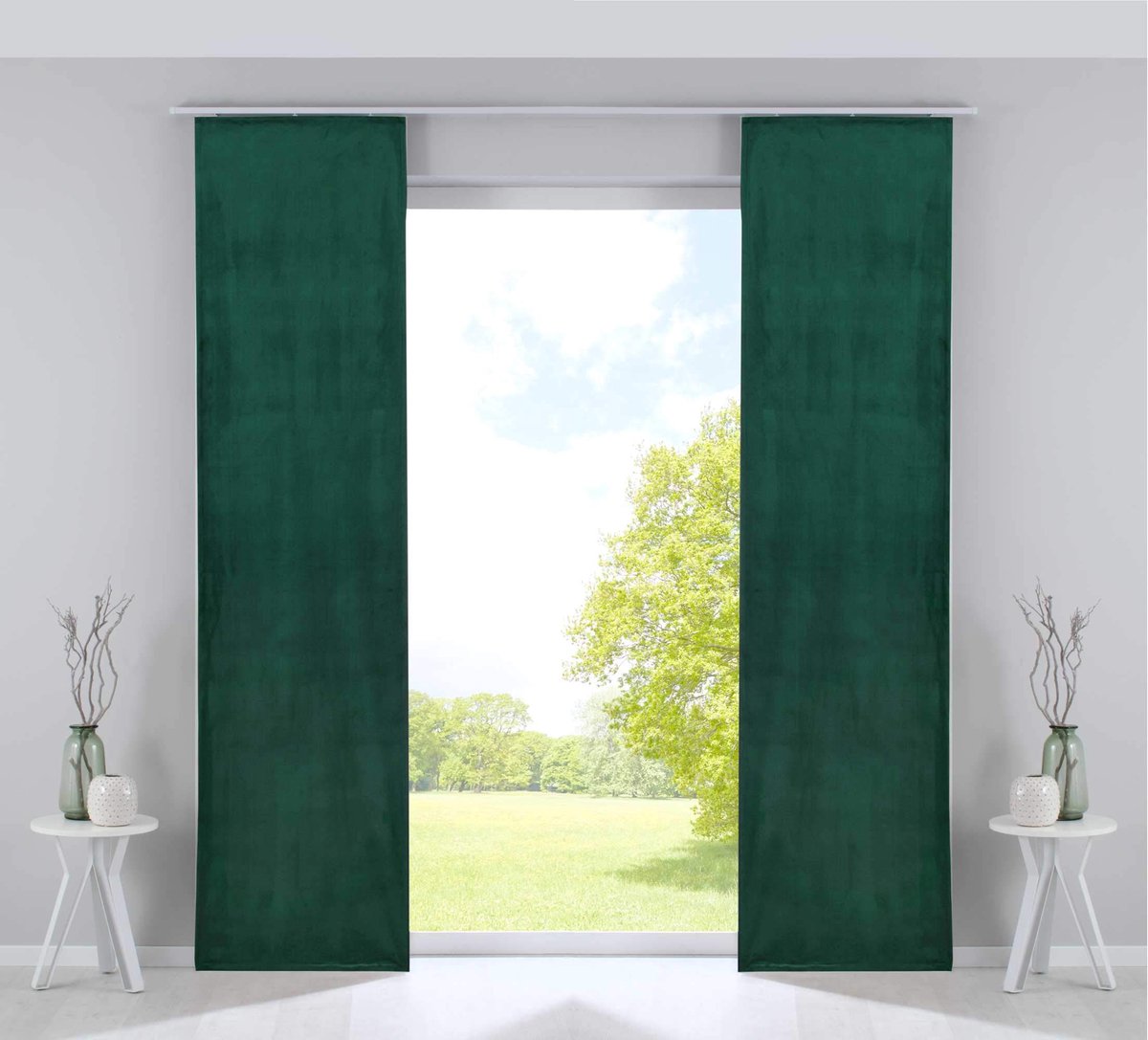 Milano 203571-2 Paneelgordijnen, set van 2 paneelgordijnen, verduisteringsgordijnen, fluweel, ondoorzichtig, verzwaringsstangen, groen, H x B 245 x 60 cm