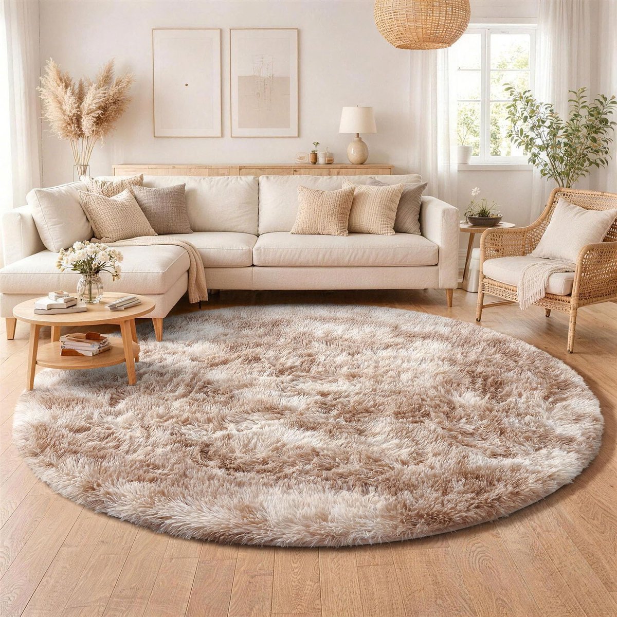 Hoogpolig tapijt voor de woonkamer, antislip onderkant, zacht, wollig, wasbaar, moderne mat voor hal, kinderkamer, slaapkamer, 200 cm, rond, camel
