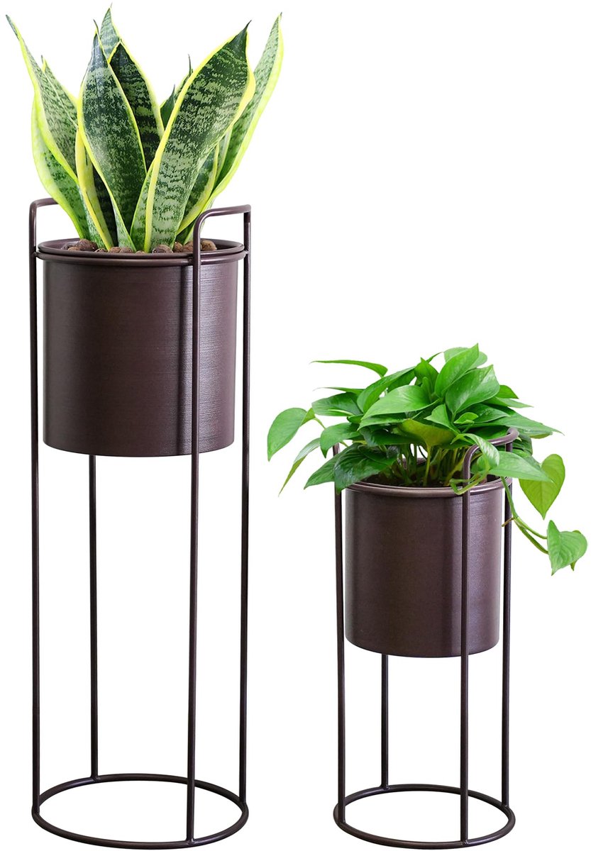 Set van 2 metalen plantenbakken met plantenpot, bloempot 70 cm & 45 cm bloemenstandaard voor binnen buiten keuken woonkamer hoek tuin balkon patio decoratie (bruin)
