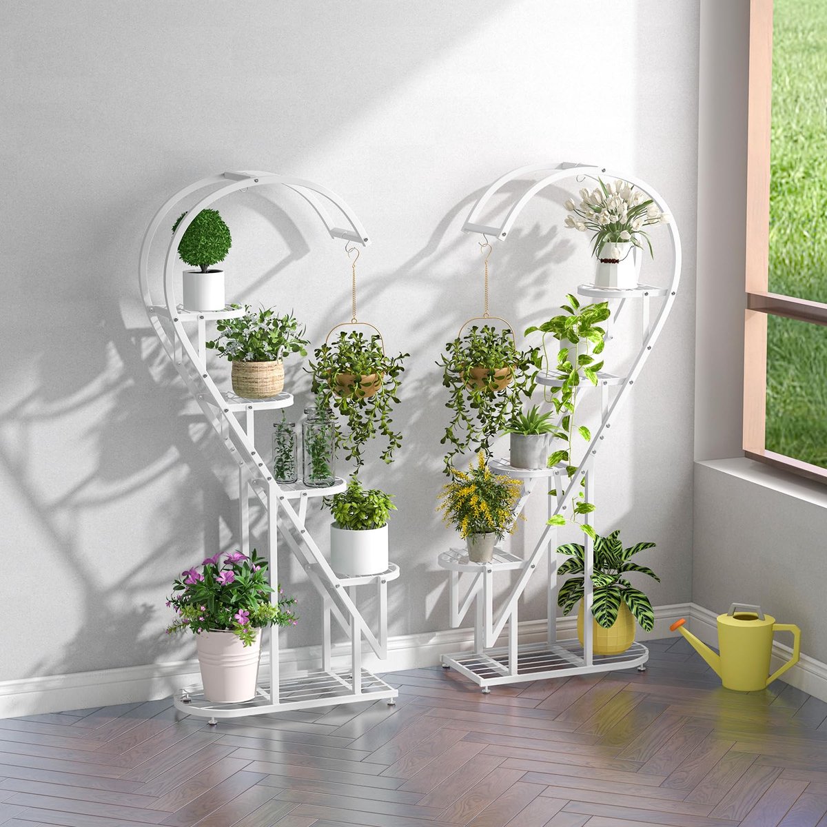 5-traps metalen plantenstandaard, hartvormig, bloemenrek met haken, ladder, plantenrek, kantelbescherming, plantenladder, bloemenstandaard, voor tuin, balkon, woonkamer (wit)