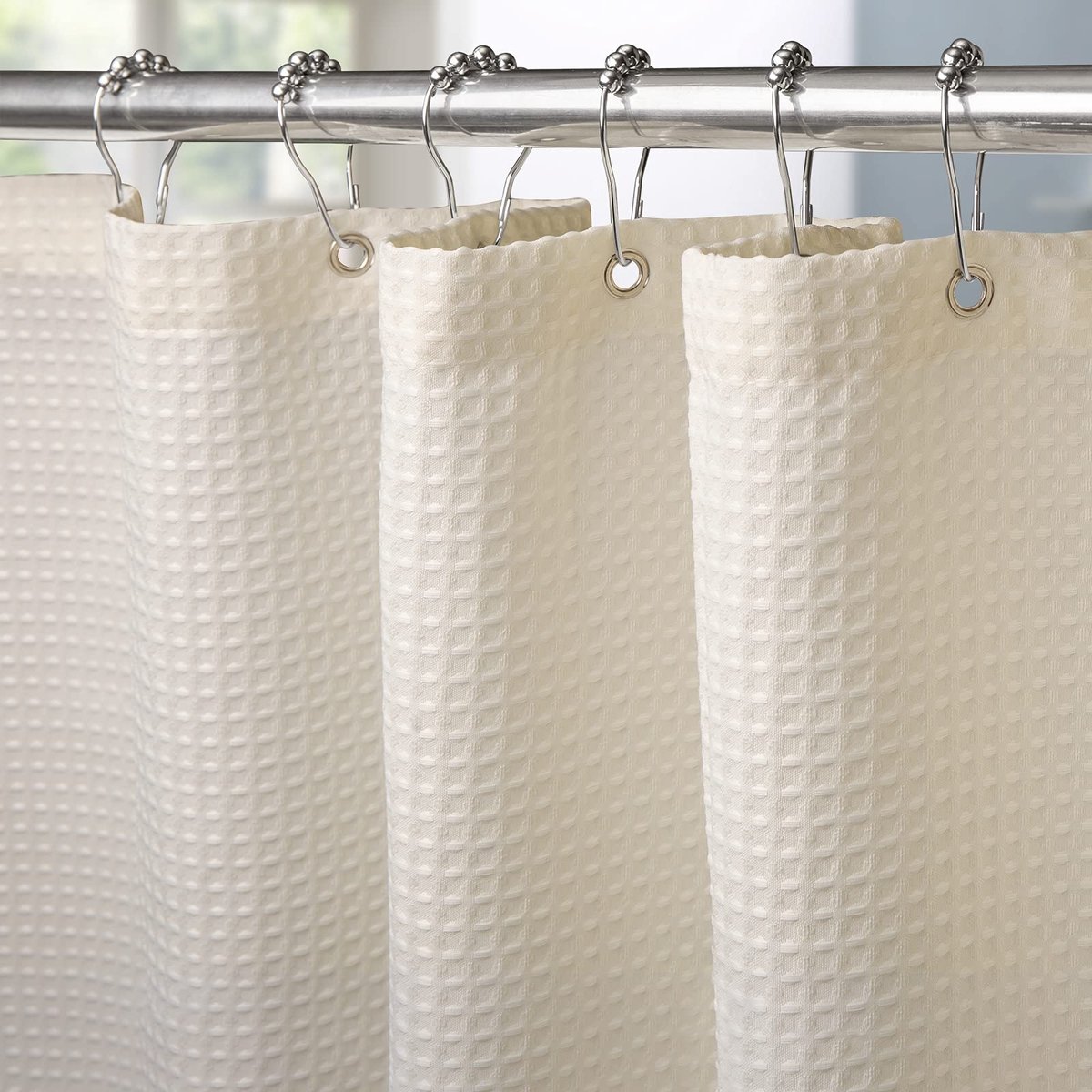 Wafelstof Waterdicht met Metalen Douchegordijnringen - Anti-schimmel Stoffen Textiel Badkamer Gordijn Zwaar Badgordijn voor Badkamer Douchecabine - 182 x 198 cm (Crème)