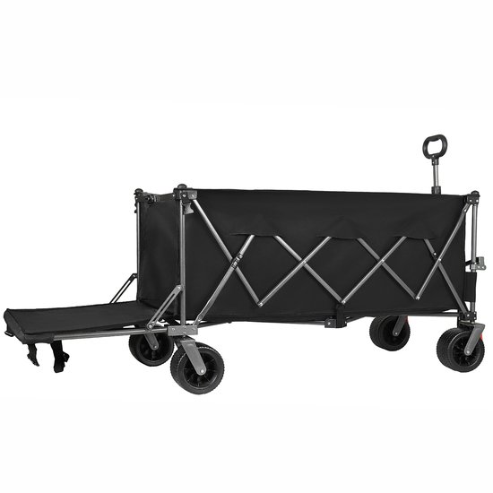 Deze opvouwbare handkar (zwart) met 300L+120L inhoud en achterklep, 180 cm lang, heeft extra brede 17x10 cm terreinwielen. Perfect voor tuin, boodschappen, strand en buitengebruik. — afbeelding 4