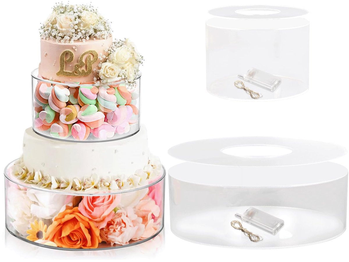 Taartstandaard, transparant, vulbare taartstandaard, acryl, taartstandaard, 2 etages met 2 leds, taartstandaard, stapelbare dessertstandaard, 15 + 25 cm, voor verjaardagen, bruiloften en