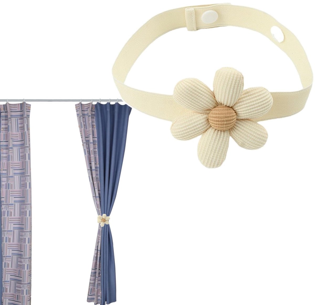 Decoratieve Boho Gordijnhouder met Bloemen Patroon - Elastische Embrasses voor Gordijnen met Verstelbare Riemen - Beige - Ideaal voor de Kinderkamer