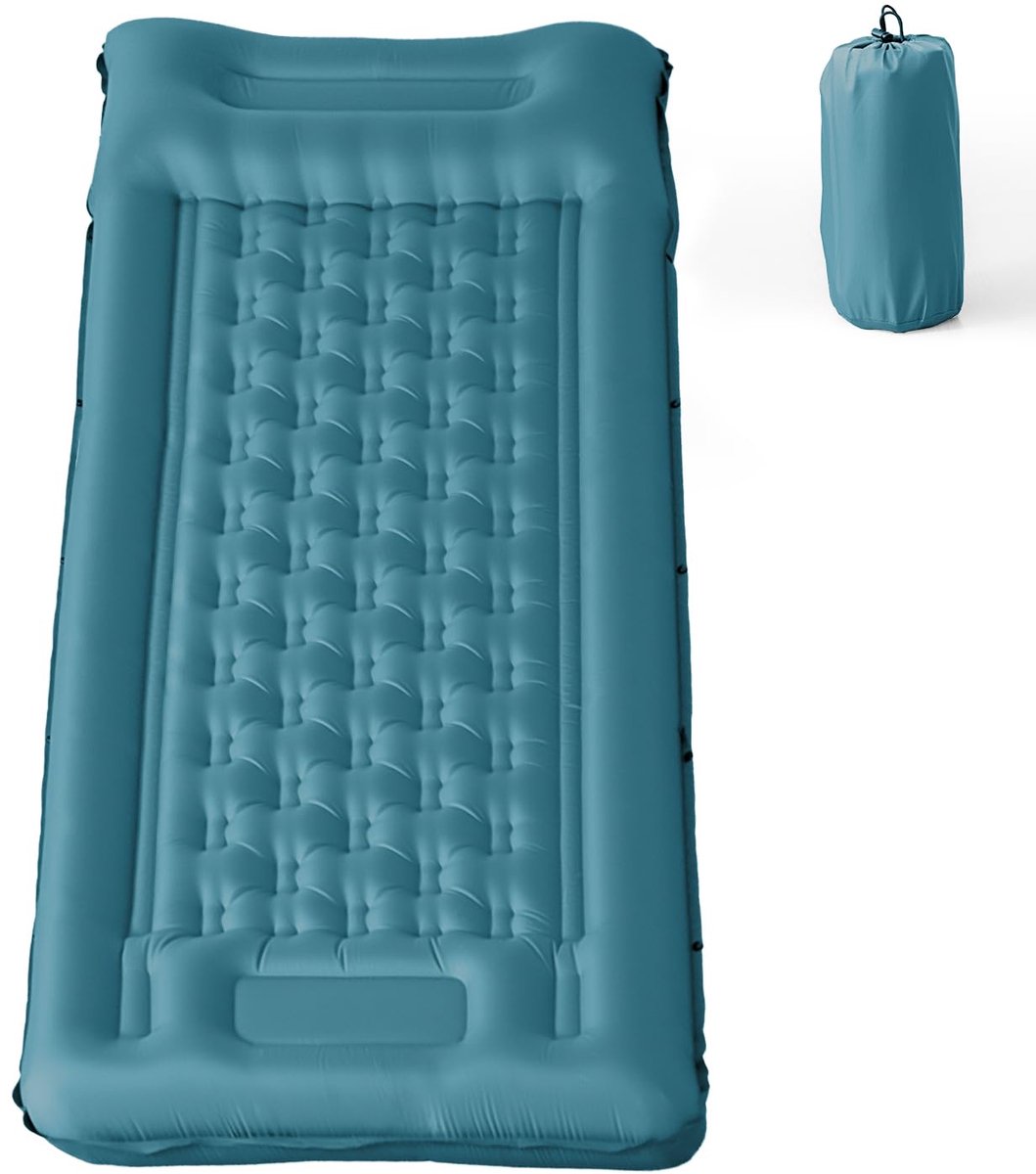 Opblaasbare Campingslaapmat met Kussen, Waterdicht en scheurbestendig 50D nylon Enkele Luchtmatras met ingebouwde voetpomp, blauwgroen, 195x72x12cm