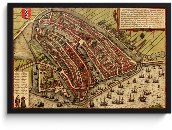 Poster in lijst - Fotolijst 60x40 cm - Posters - Kaart - Amsterdam - Vintage - Posterlijst zwart - Decoratie - Wanddecoratie woonkamer - Muurdecoratie slaapkamer
