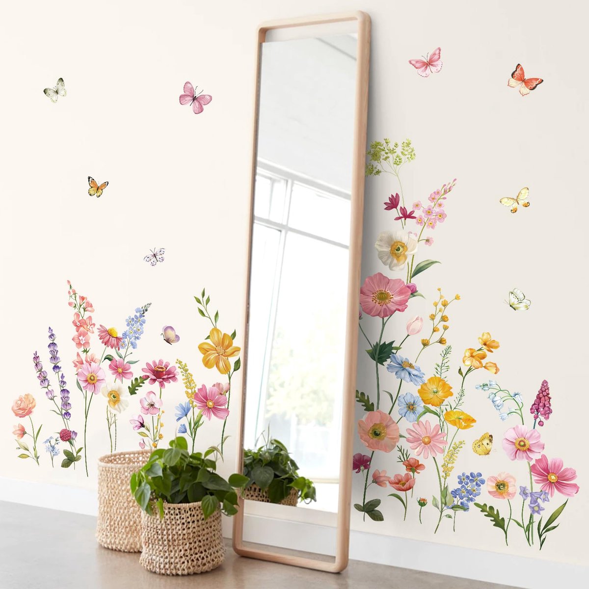 decalmile Zomer Tuin Bloem Muurstickers Madeliefje Wildflower Gras Vlinders Muurtattoo Meisje Kamer Slaapkamer Woonkamer TV Achtergrond Wanddecoratie